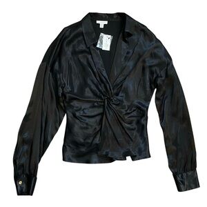 Topshop Satin Long Sleeve Collared Blouse Women’s 12 Black NWT